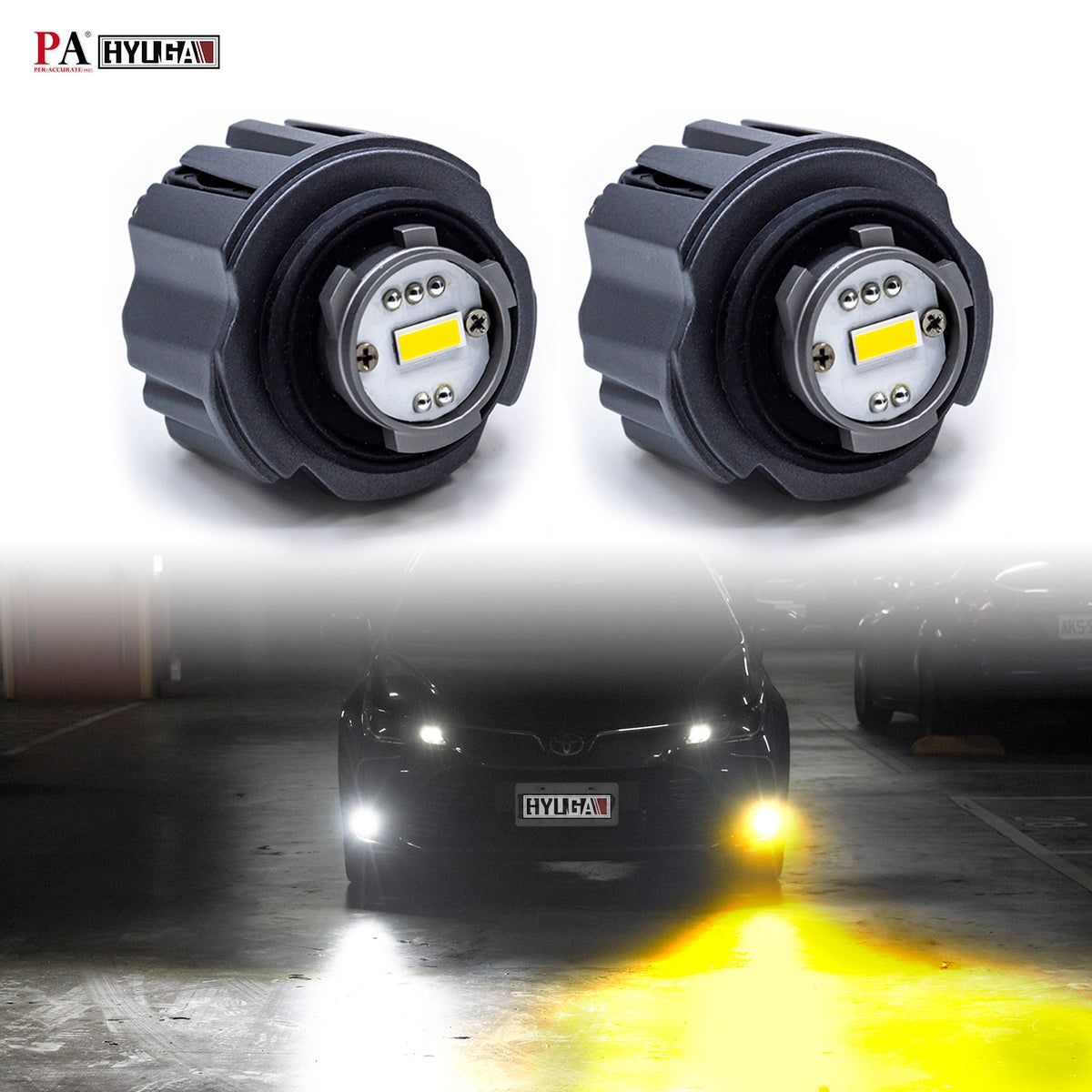 HYUGA LED Fog Light Bulbs TF1 L1B 6000K White 3000K Amber 30W Plug and HYUGA LED Fog Light Bulbs TF1 L1B 6000K White 3000K Amber 30W Plug and