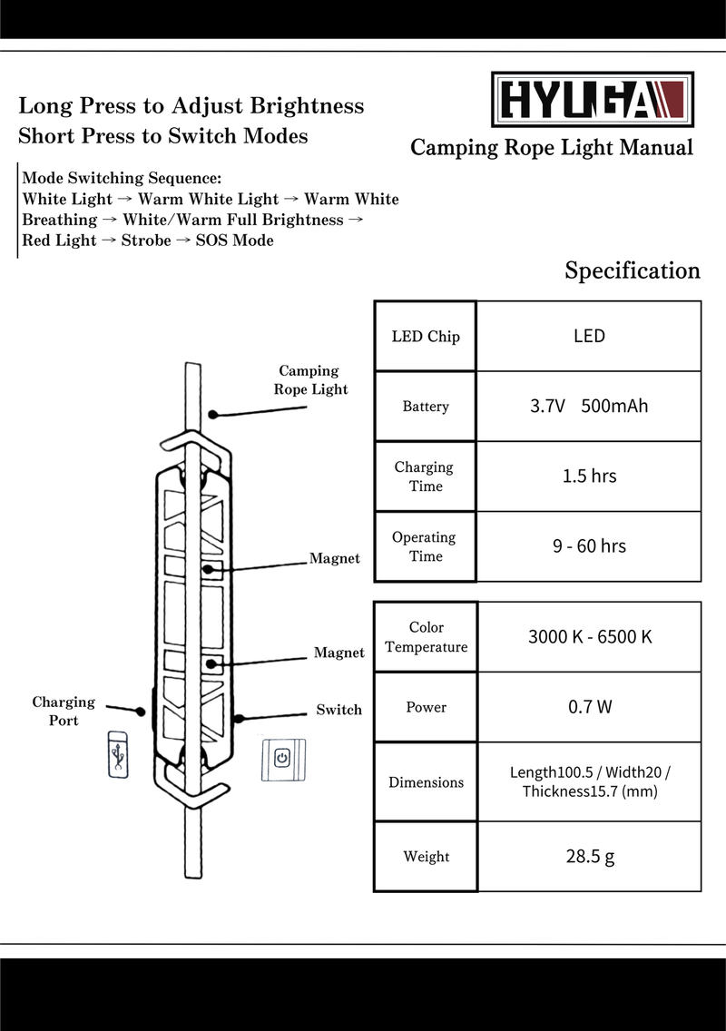 Magnetic Attachment Camping Rope Warning Light with 7 Lighting Modes TypeC Charging Camping Lamps HYUGA LED BULB